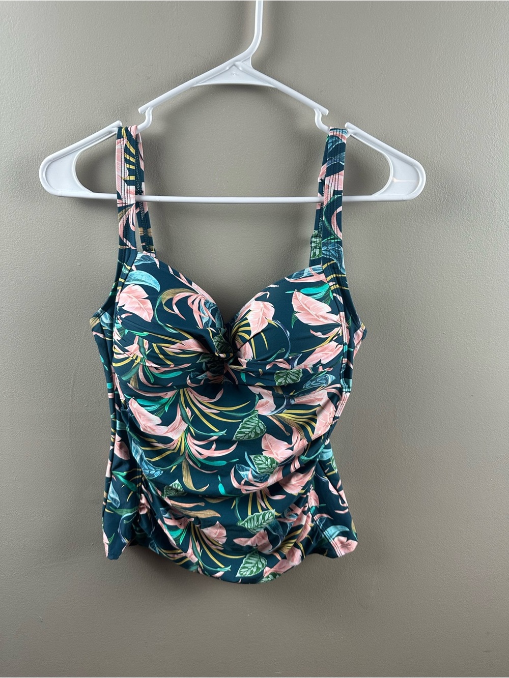Twist-Front Floral Swim Tank Top in Teal and Pink